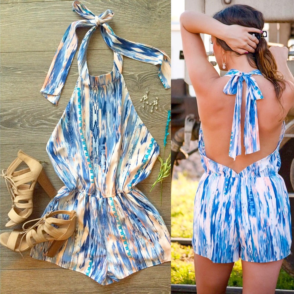 Carmela Boutique Pastel‎ Watercolor Halter Tie Low Back Romper Size Medium